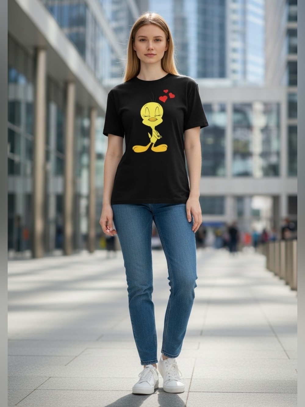 Looney Tunes, Tweety Bird Graphic T-Shirt, Black Cute Cartoon Tee, Medium